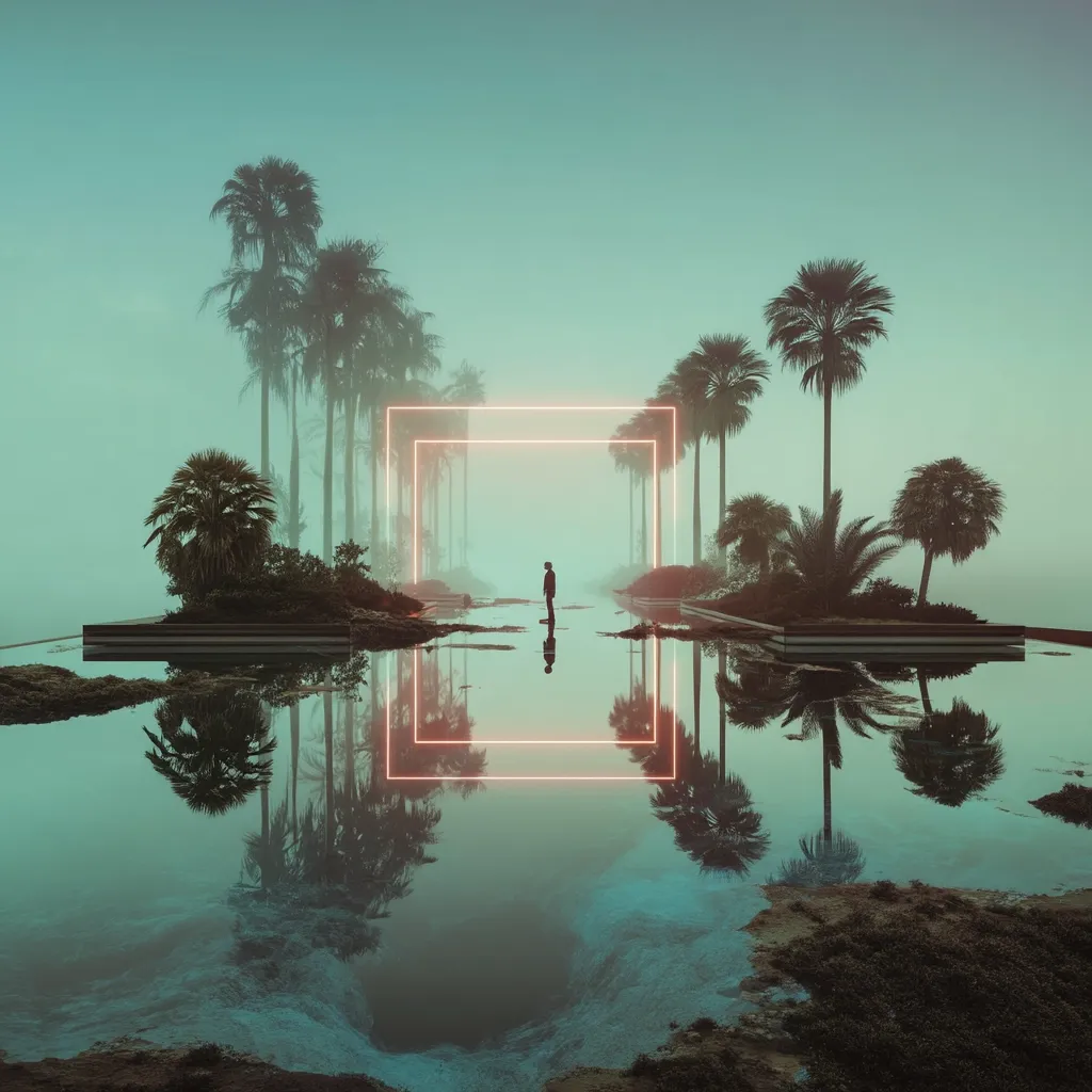 A surreal, tranquil scene depicts a lone figure standing within a glowing neon square frame situated between two symmetrical rows of palm trees.  The scene is reflected perfectly in a still, teal body of water, creating a mirrored effect. A soft, misty atmosphere permeates the image, lending it a dreamlike quality. The overall color palette is cool and subdued, evoking a sense of calm and mystery.