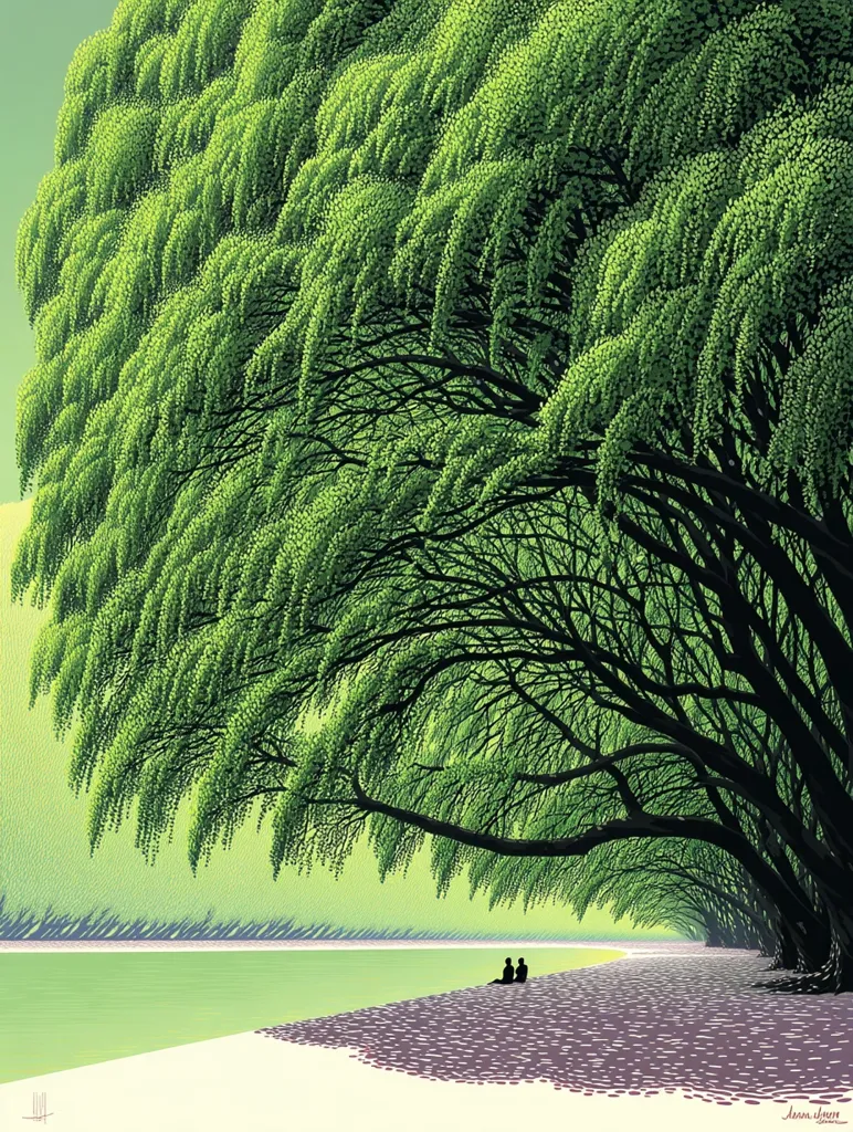 A serene landscape featuring a couple sitting under the shade of a large, lush weeping willow tree. The tree's vibrant green leaves create a canopy over a tranquil beach by a calm body of water.  The scene is rendered in a stylized, almost graphic manner, with distinct color blocks and simplified forms. The overall impression is one of peaceful solitude and natural beauty.