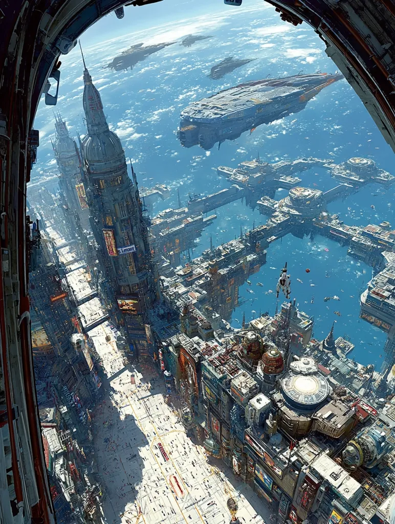 A futuristic cityscape sprawls below, viewed from a spaceship's portal.  Tall, ornate buildings line wide avenues teeming with people.  A harbor filled with docked spacecraft and floating structures connects the city to a vast ocean.  Several large spaceships are visible in the sky, creating a blend of urban and interstellar activity. The scene is bright, detailed, and suggests a thriving, technologically advanced society.