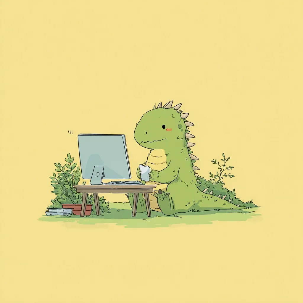 A cute, cartoon dinosaur sits at a small desk outdoors, working on a desktop computer.  It holds a mug in one hand, surrounded by potted plants. The scene is depicted in soft, pastel greens and yellows, creating a calming and whimsical atmosphere.  The dinosaur appears relaxed and content in its outdoor workspace.