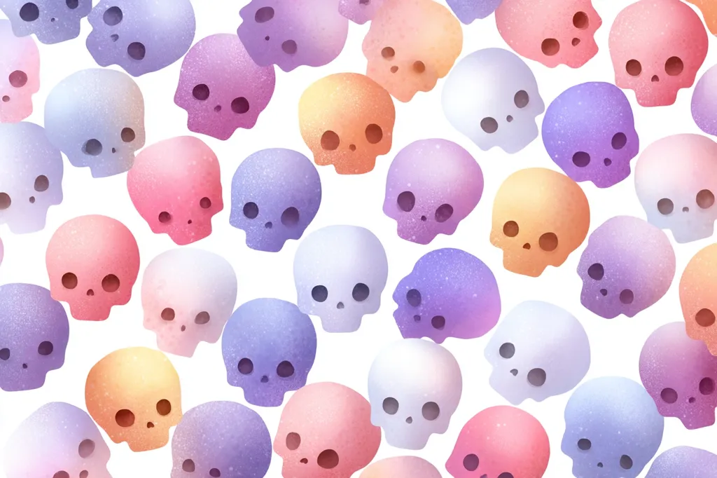 A colorful array of pastel skull-shaped candies densely fill the frame.  The skulls are rendered in soft, muted shades of pink, purple, and orange, each with a slightly textured surface, suggesting a sugary coating. The overall design is whimsical and slightly spooky, ideal for a Halloween or Day of the Dead theme.