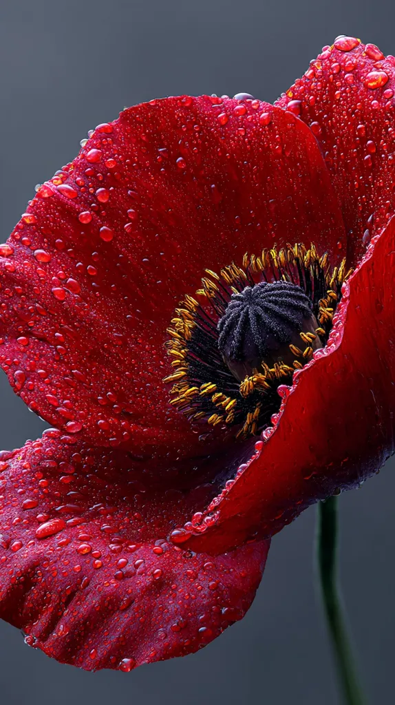A close-up reveals a vibrant red poppy, its petals glistening with water droplets.  The intricate details of the flower's center, with its dark purple stigma and golden stamens, are sharply defined.  The rich color and the glistening water create a stunning contrast against a muted gray background. The image is a study in texture and color, showcasing the beauty of a single bloom.