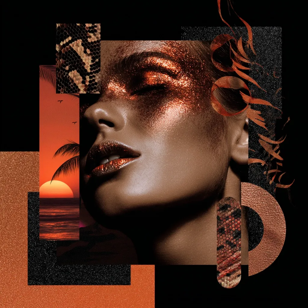 A digital collage features a woman's face adorned with shimmering copper eyeshadow.  Her eyes are closed, and her lips are coated in a matching metallic sheen.  Surrounding her are textured elements: snake skin, sunset over a tropical beach, and copper metallic accents, creating a luxurious and exotic aesthetic.  The overall color palette is warm and rich, dominated by various shades of copper and orange.