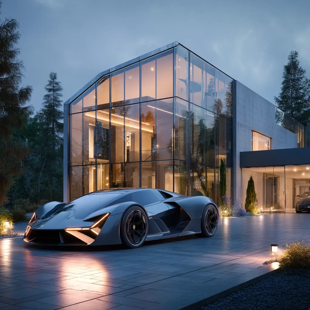 A sleek, dark gray supercar sits in the driveway of a modern, glass-fronted home.  The house is a striking architectural design with concrete and expansive glass walls, showcasing a bright interior.  The scene is set at twilight, with soft lighting illuminating the car and house, creating a luxurious and sophisticated atmosphere.  Tall trees surround the property, adding to the privacy and exclusivity.