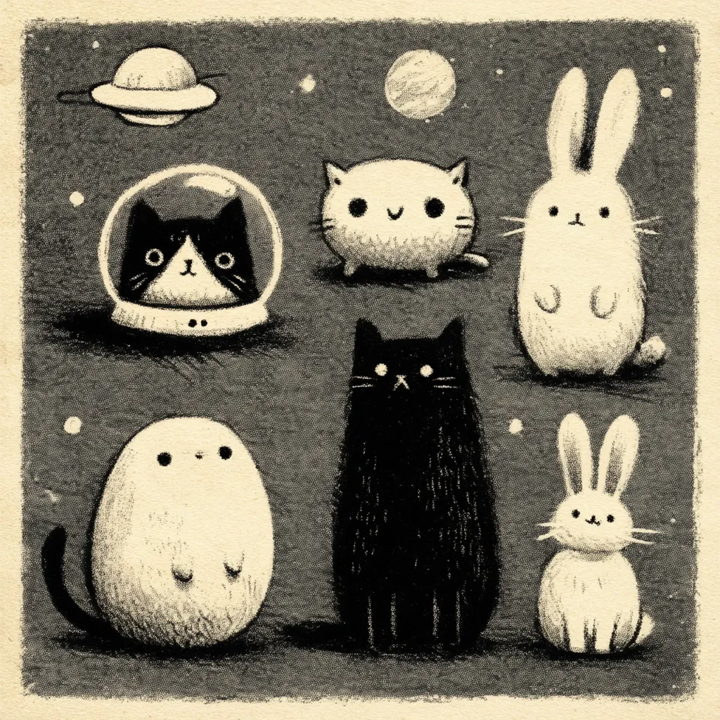 A whimsical illustration depicts a collection of stylized cats and rabbits in outer space.  A black cat in an astronaut helmet, a round white cat, a black cat, and two white rabbits are featured, along with a flying saucer and planets. The monochromatic palette uses shades of black and white against a dark grey background, creating a charming and slightly eerie atmosphere.  The characters are cute and simple in design.