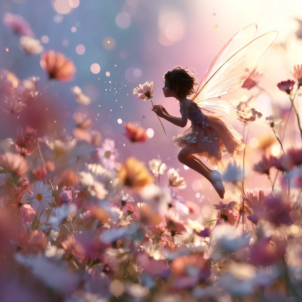A whimsical illustration depicts a fairy in flight amidst a field of blossoming flowers.  Her translucent wings shimmer, and she delicately holds a single bloom.  Soft, pastel colors dominate the scene, creating a dreamy, ethereal atmosphere.  Sunlight filters through the flowers, adding warmth and glow to the magical setting.  The overall impression is one of gentle beauty and whimsical fantasy.