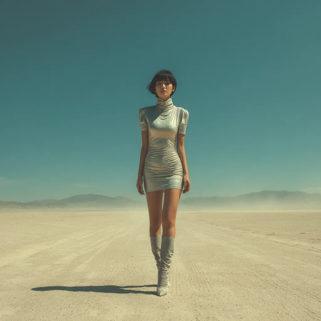 A woman with short black hair walks confidently down a desolate desert road.  She's dressed in a silver, form-fitting mini-dress and tall, light-grey boots. The vast, empty landscape under a clear blue sky creates a dramatic, almost futuristic backdrop.  Her expression is serious and her gaze is directed forward, emphasizing her solitary journey.