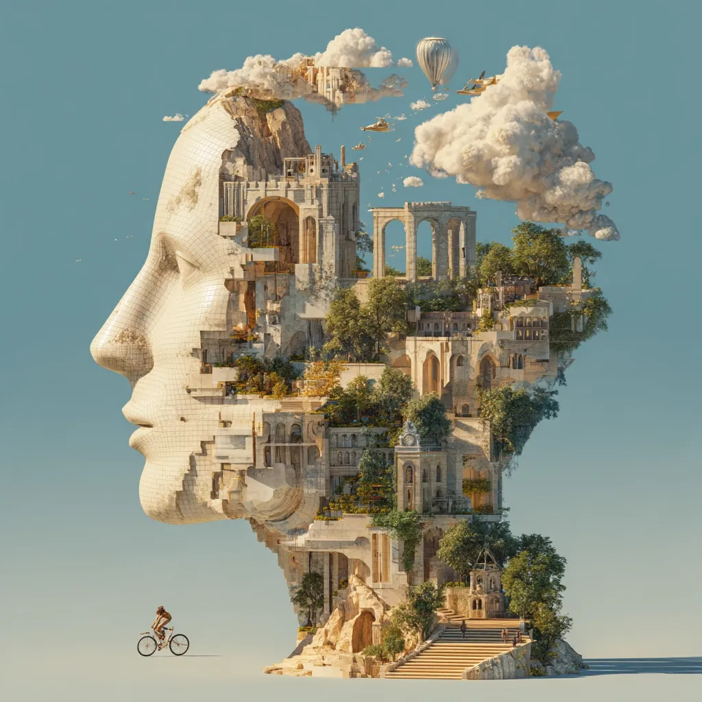 A surreal digital artwork depicts a colossal head sculpted from stone blocks.  Within the head's profile, a vibrant miniature cityscape flourishes, complete with ancient architecture, lush greenery, and a hot air balloon floating above.  A tiny cyclist pedals along below, emphasizing the scale.  Clouds softly envelop the head, creating a dreamlike, fantastical atmosphere.  The juxtaposition of the human form and the intricate city within highlights the boundless potential of the human mind.
