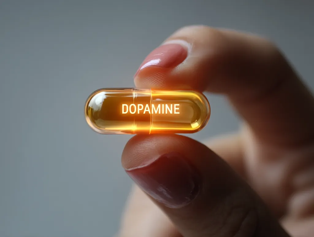 A close-up shot shows a person's fingers gently holding a translucent amber capsule.  The word "DOPAMINE" is illuminated within the capsule, suggesting a conceptual image related to the neurotransmitter or potential medication.  The lighting emphasizes the pill, creating a glowing effect against a blurred gray background. The overall image conveys a feeling of focus on a specific element, possibly representing a concept of mood or brain health.