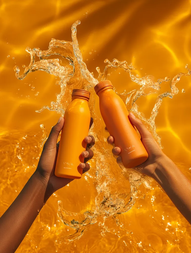 Two amber-colored bottles, labeled "LYRA," are held aloft by sun-kissed hands emerging from a vibrant orange pool.  Water splashes dramatically around the bottles, creating a dynamic and refreshing image. The overall tone suggests summer, health, and hydration.