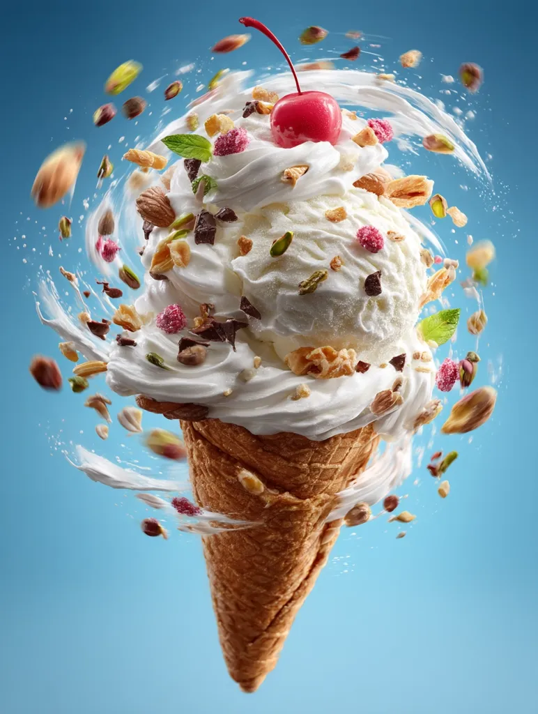 A delectable ice cream cone is captured in a dynamic burst of motion.  Vanilla ice cream, adorned with whipped cream, a cherry, nuts, and chocolate bits, is showcased against a vibrant blue backdrop.  The swirling movement creates a sense of energy and highlights the rich textures and vibrant colors of the ingredients. The image is a visually appealing representation of a sweet and delightful treat.