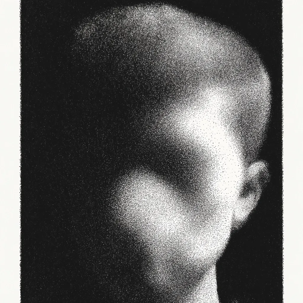 A black and white pointillist style portrait depicts the side profile of a person's head and shoulder.  The image is heavily textured, with tiny dots creating variations in tone and shading. The subject's features are softly rendered, leaving some ambiguity, and the overall effect is one of subtle obscurity and mystery. The background is a deep black, enhancing the contrast and drawing attention to the figure.