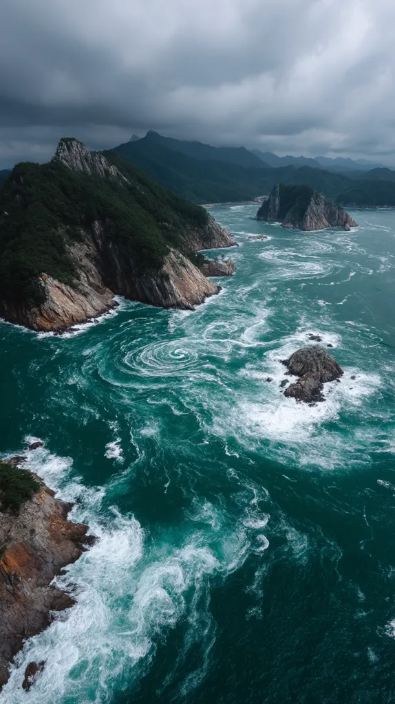 A dramatic aerial view captures a turbulent ocean scene.  Dark, stormy clouds loom overhead as powerful currents swirl around rocky, green-clad islands.  The water is a deep teal, frothing white where it crashes against the jagged coastline.  The overall impression is one of raw, untamed nature.