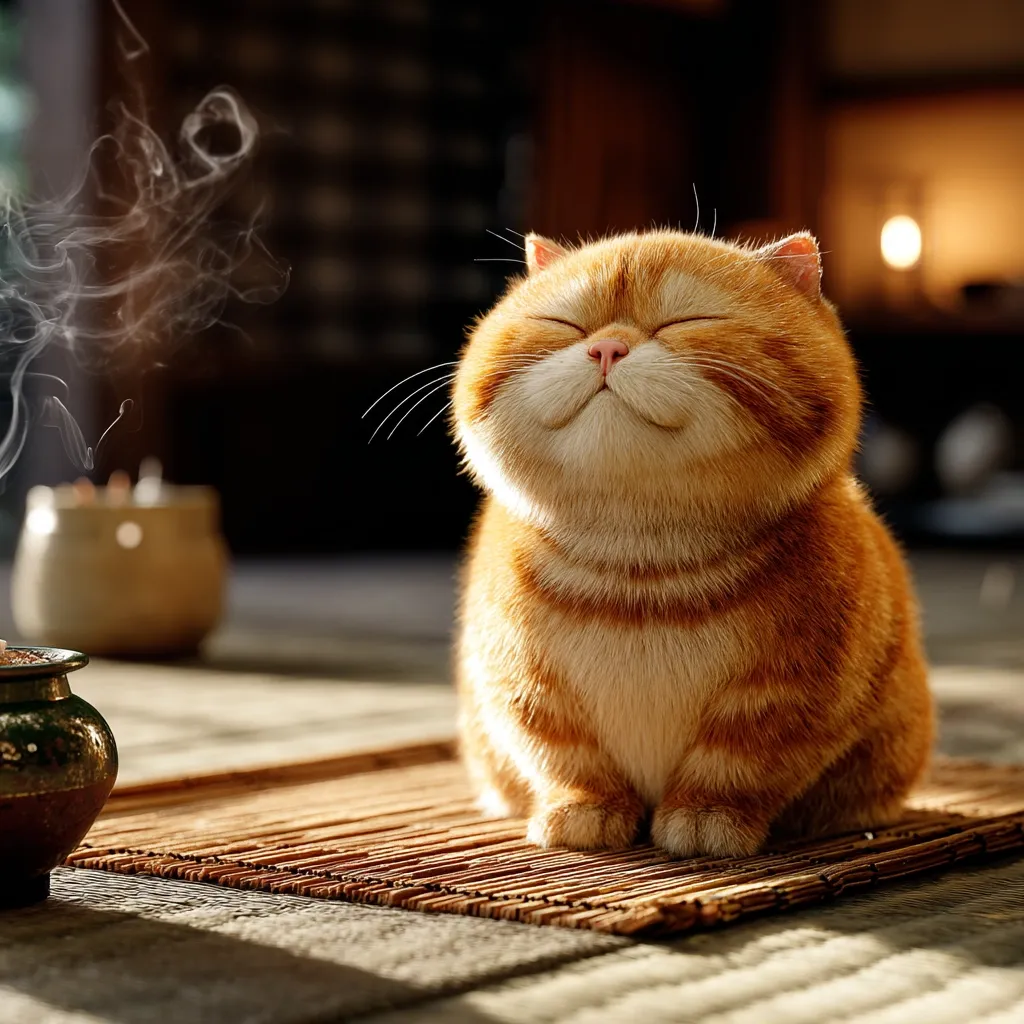 A chubby orange cat sits contentedly on a woven mat, eyes closed in blissful repose.  Soft sunlight illuminates its fluffy fur. Incense smoke curls gently in the background, adding to the serene atmosphere. The scene evokes a feeling of peace and tranquility.