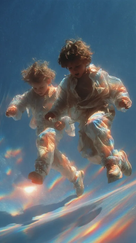 Two children, wearing iridescent clothing, appear to float underwater.  Their clothing billows around them, creating a dreamlike effect.  The water is a clear blue, and the sunlight refracts, casting rainbow-colored light across the scene. The overall aesthetic is ethereal and whimsical.
