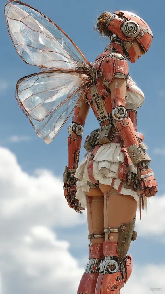 A digital artwork depicts a female cyborg with large, translucent, dragonfly-like wings.  Her body is a mix of reddish-orange metallic components and human-like skin. She wears a short, ruffled white skirt and her mechanical limbs are highly detailed. The background is a partly cloudy sky.  The overall aesthetic blends steampunk and fantasy elements.