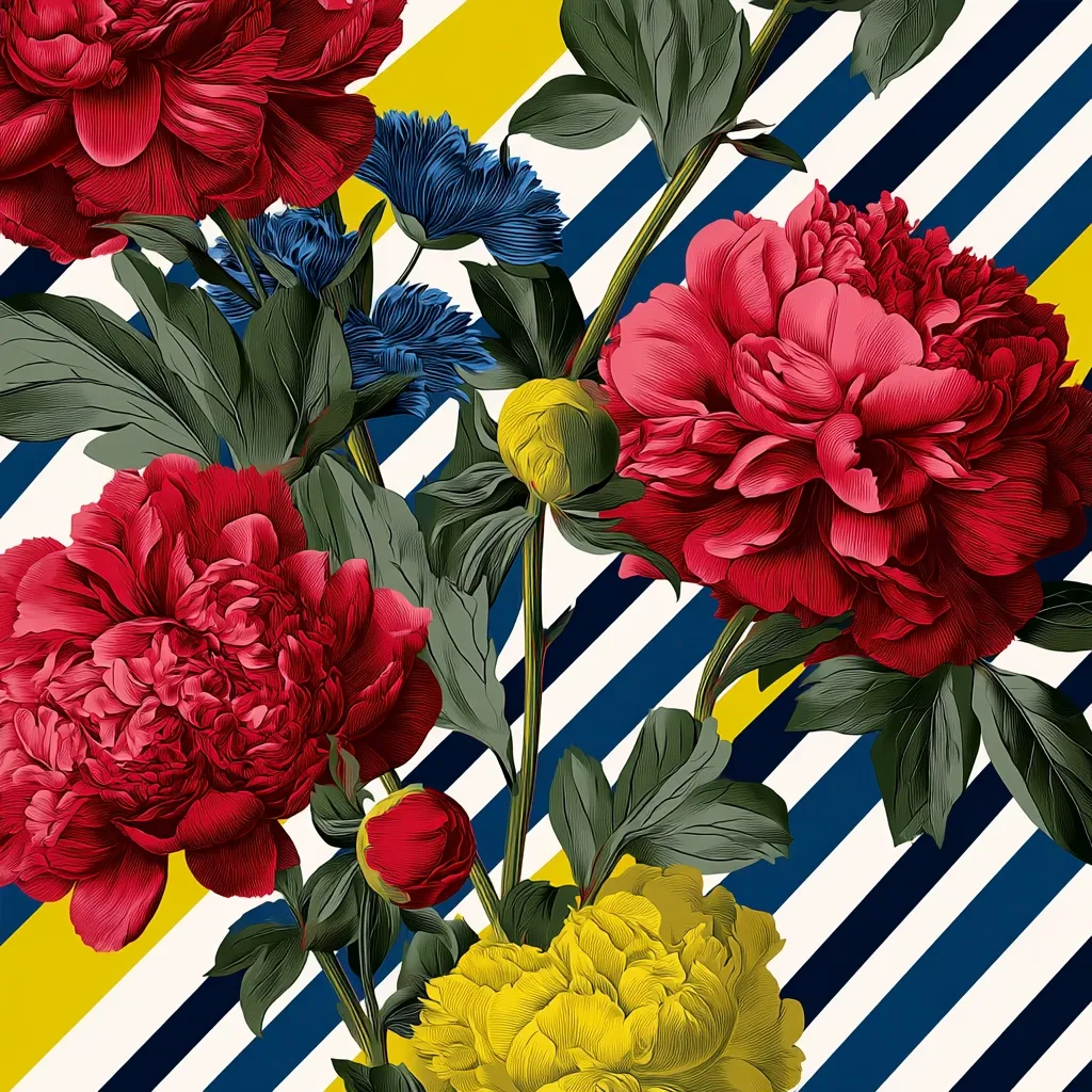 A vibrant floral illustration features lush red peonies, contrasting blue cornflowers, and bright yellow peony buds.  The blossoms are depicted with detailed realism against a backdrop of bold diagonal stripes in yellow, navy blue, and white, creating a striking and dynamic composition.  The image evokes a feeling of bold elegance and summer vibrancy.