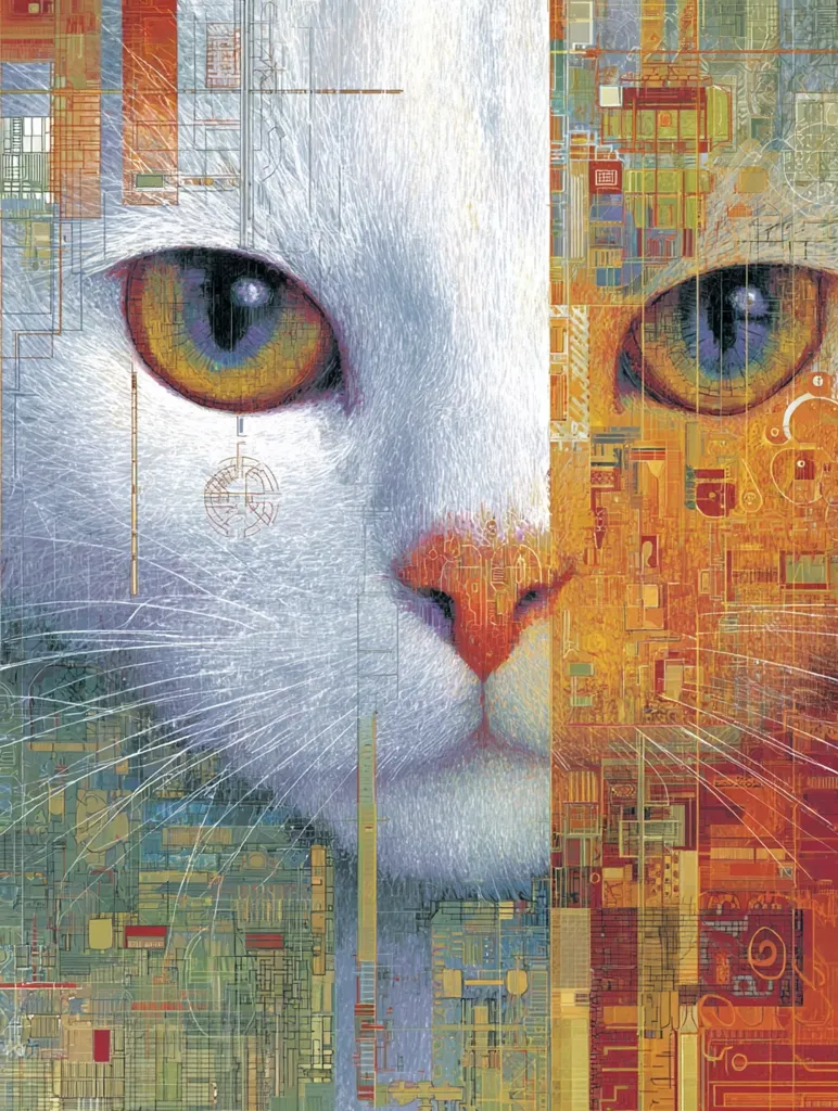 A close-up digital art piece depicts a cat's face split down the middle. One half is a realistic rendering of a white cat with striking yellow-gold eyes.  The other half is an abstract representation of a computer circuit board, with intricate wiring and components overlaid on the cat's features. The juxtaposition creates a surreal and intriguing image, blending organic and technological elements.