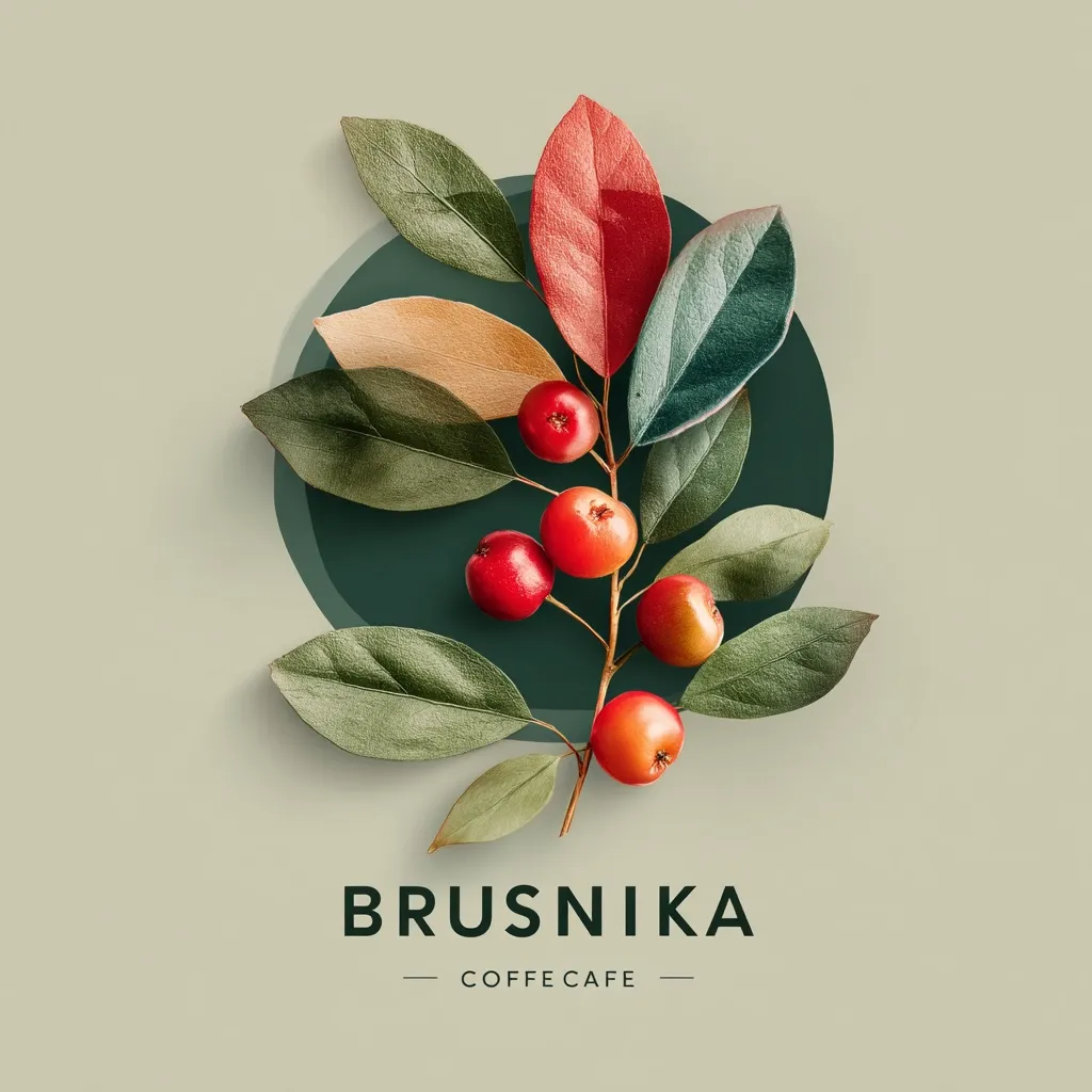 A stylized image for Brusnika Coffe Cafe.  A branch with red berries and autumnal leaves is artfully arranged on a muted green background, encircled by a darker green circle. The leaves display varying shades of red, green, and gold. The name "BRUSNIKA COFFE CAFE" is displayed below the branch in a minimalist font.  The overall aesthetic is sophisticated and autumnal.
