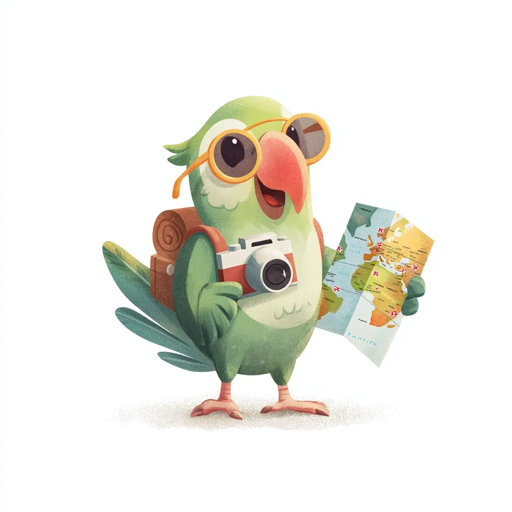A cheerful green parrot, wearing sunglasses and a backpack, is ready for an adventure.  Holding a map and a vintage camera, the parrot appears excited about its journey.  The illustration is vibrant and playful, suggesting a fun-loving and adventurous spirit. The parrot's expression is one of happy anticipation.
