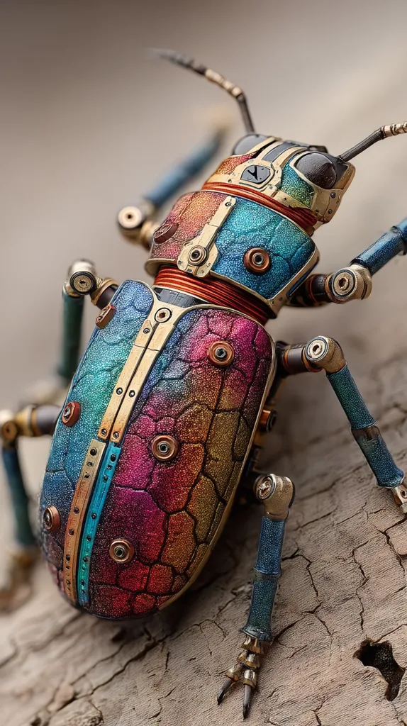 A meticulously crafted steampunk beetle model is perched on weathered wood.  Its iridescent body, a blend of blues, reds, and golds, is intricately detailed with tiny gears and rivets.  The legs are articulated, showcasing a blend of metallic blues and gold accents.  The image highlights the artistry and attention to detail in this miniature mechanical marvel.