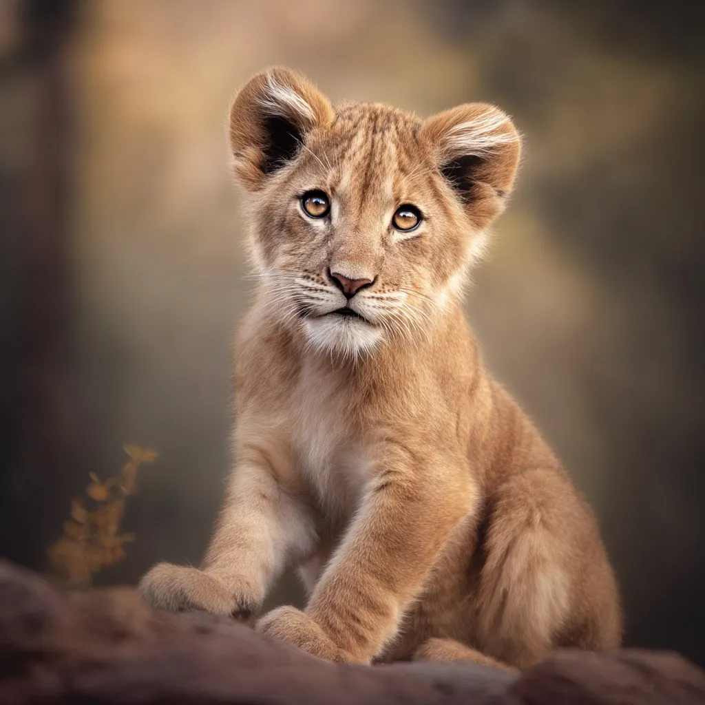A lion cub, light brown in color, sits on a rock.  Its large, expressive eyes are captivating, and its fluffy fur is soft-looking. The cub's pose is endearing, with paws neatly placed. The background is blurred, suggesting a natural habitat. The overall image is heartwarming and showcases the beauty of this young lion.