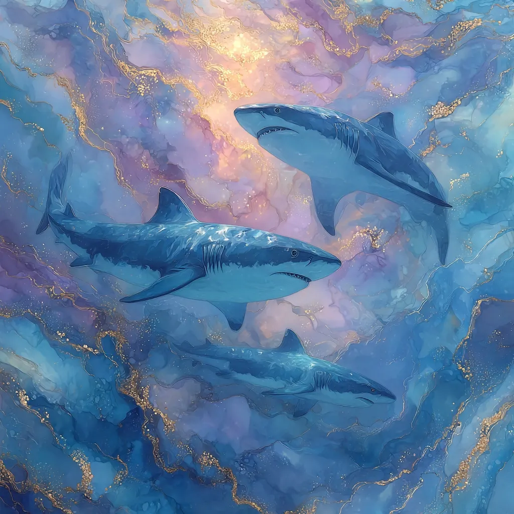 Three great white sharks gracefully swim through an ethereal underwater scene.  The artwork features a vibrant color palette of blues, purples, and gold, creating a dreamy, almost abstract background. The sharks are depicted with realistic detail, contrasting with the fluid, marbled texture of the surrounding water. The overall effect is one of serene power and captivating beauty.