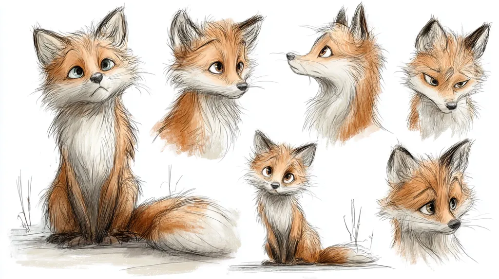 A collection of charming fox sketches in varying poses and expressions.  Each fox is depicted with expressive eyes and fluffy fur, rendered in a soft, whimsical style using pencil and watercolor. The foxes display a range of emotions, from curious to pensive, creating a delightful set of character studies.  The artwork is light and airy, with a delicate balance of detail and simplicity.