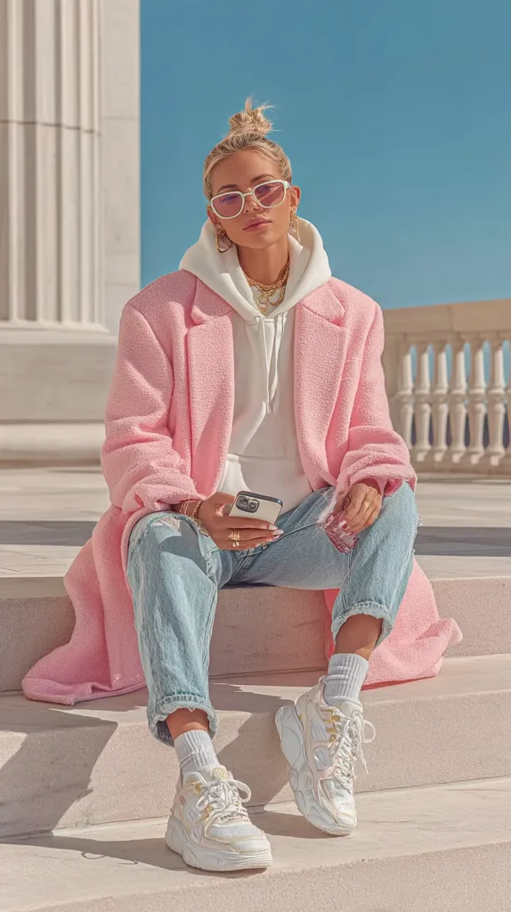 A blonde woman sits on steps, wearing a light pink oversized coat, a white hoodie, light blue jeans, and white chunky sneakers.  She wears white sunglasses and holds a smartphone.  The backdrop is a sunny outdoor setting with classical architecture.  The overall aesthetic is stylish and casual.