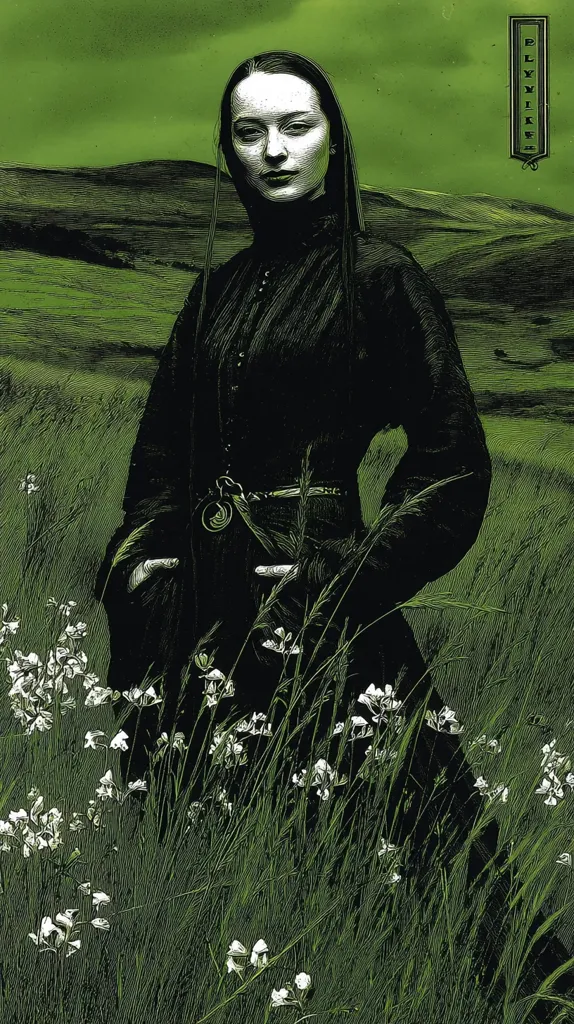 A woman in a dark, Victorian-era dress stands in a field of tall grass and wildflowers. The image is stylized, with a dark, almost woodcut-like quality. The background features rolling hills under a muted green sky.  Her expression is serious, and she appears to be lost in thought. The overall mood is melancholic and atmospheric.