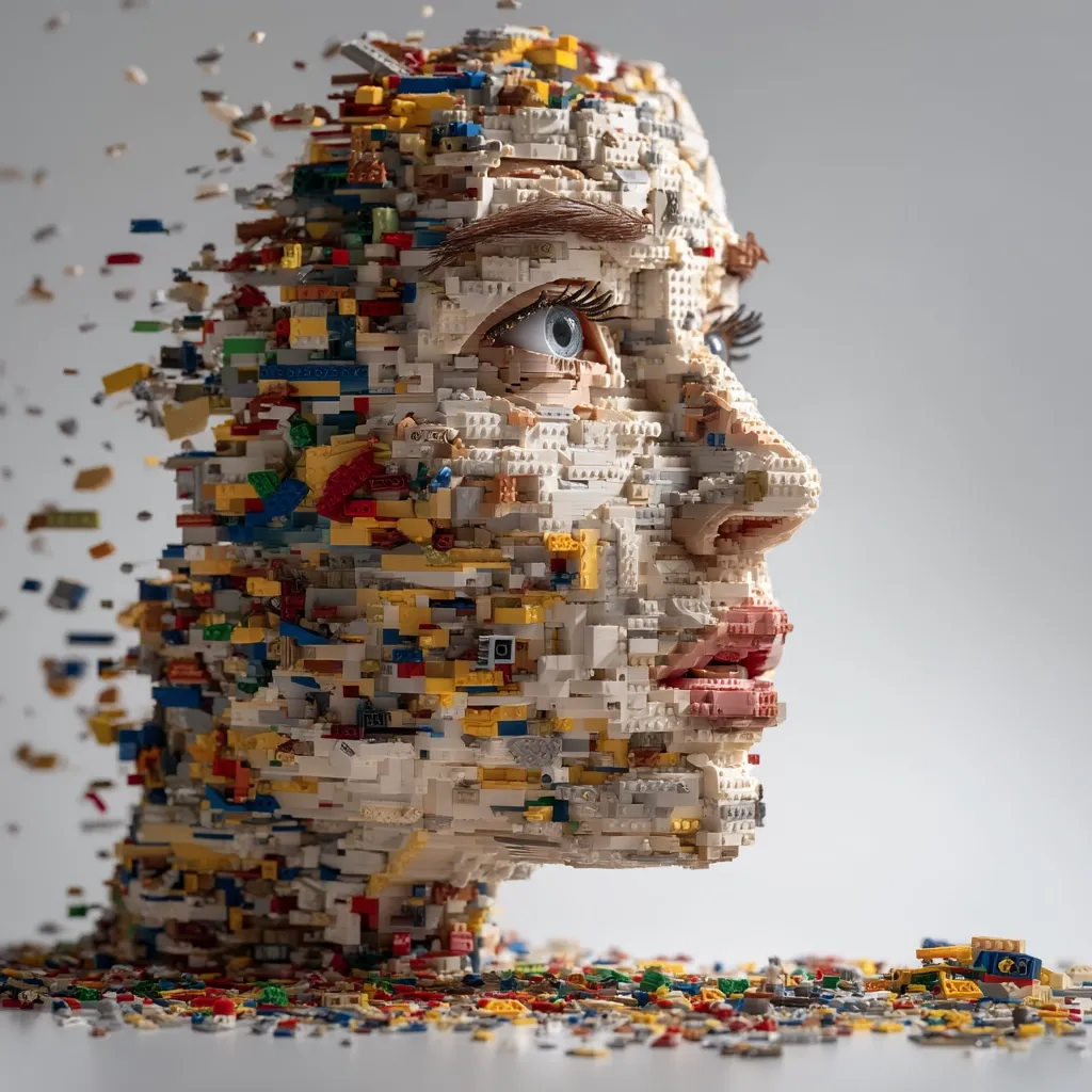 A profile view of a Lego sculpture depicting a human head.  The head is constructed from a multitude of colorful Lego bricks, appearing to be in the process of disintegration, with bricks scattering around the base. The head's features are discernible, showing a detailed representation of a person's face. The artwork uses the Lego bricks to create texture and form, emphasizing the fragmented yet cohesive nature of the sculpture.