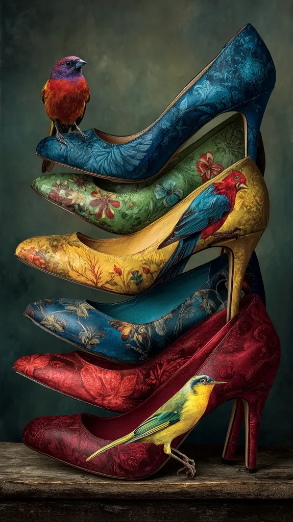 A stack of five high-heeled shoes, each adorned with vibrant floral prints and perched birds, creates a striking visual.  The shoes are in shades of teal, yellow, red, and burgundy, showcasing intricate designs.  Small, colorful birds, unique to each shoe, add a whimsical element to the opulent display.  The arrangement is artfully composed against a dark, moody background.
