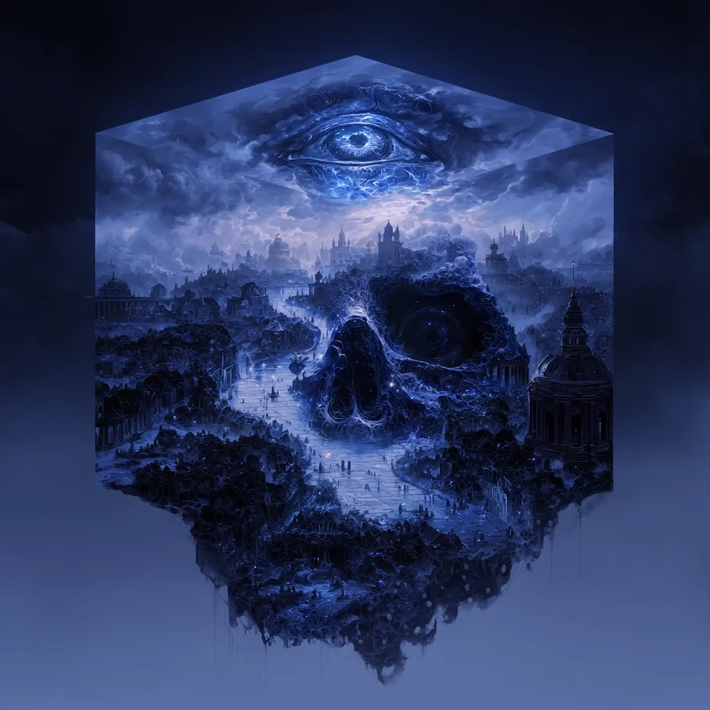 A digital artwork depicts a cube containing a surreal cityscape built into a colossal skull.  The city, rendered in shades of blue and black, is detailed and intricate.  Above it, a large, glowing eye floats in a cloudy sky, suggesting an omniscient gaze. The overall mood is dark, mysterious, and fantastical, blending elements of fantasy and surrealism. The cube itself acts as a frame, highlighting the scene's otherworldly nature.