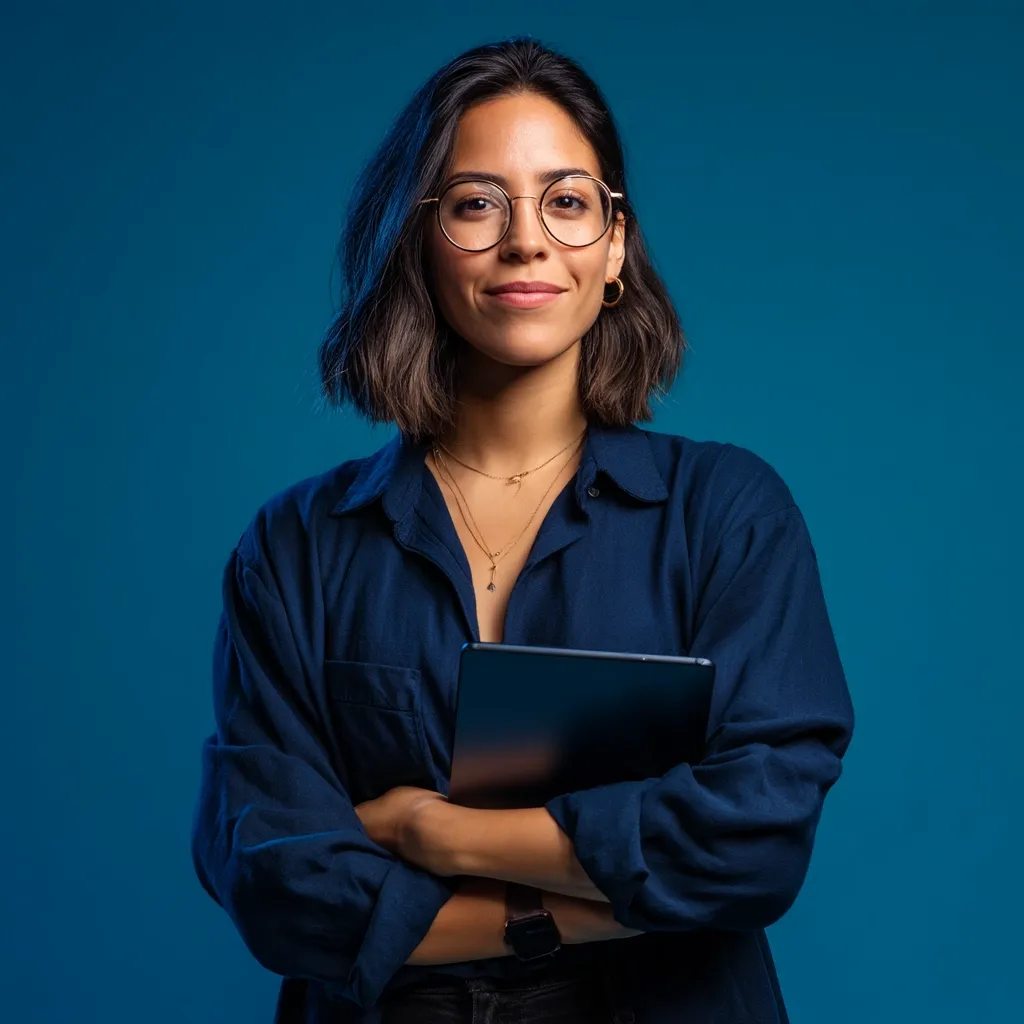 A young woman with shoulder-length brown hair and glasses stands against a vibrant blue background. She's wearing a dark blue, loose-fitting shirt and holds a tablet close to her chest, arms crossed. Her expression is confident and pleasant, suggesting professionalism and competence.  The image conveys a sense of modern business or technology.