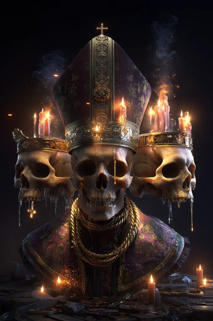 A digital artwork depicts a macabre scene: a skull wearing a bishop's mitre and adorned with a heavy gold chain.  Two more skulls, crowned and dripping wax, flank it.  Lit by flickering candles, the image is dark and ominous, suggesting themes of death, religion, and perhaps corruption. The detail is striking, creating a surreal and unsettling effect.