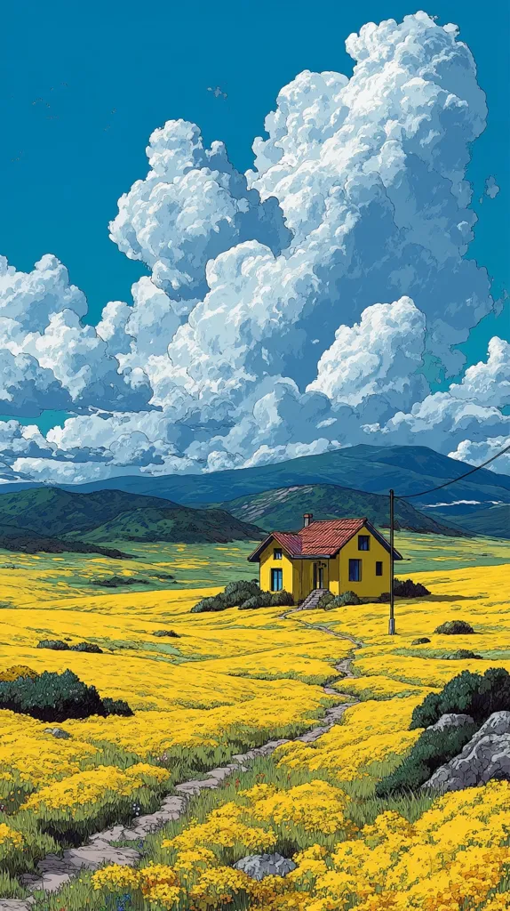 A vibrant illustration depicts a yellow house nestled in a field of bright yellow wildflowers.  A stone path leads towards it, winding through the blossoms.  Rolling green hills and mountains form a backdrop under a vast, dramatic sky filled with fluffy white clouds. The overall style is reminiscent of stylized landscape painting.