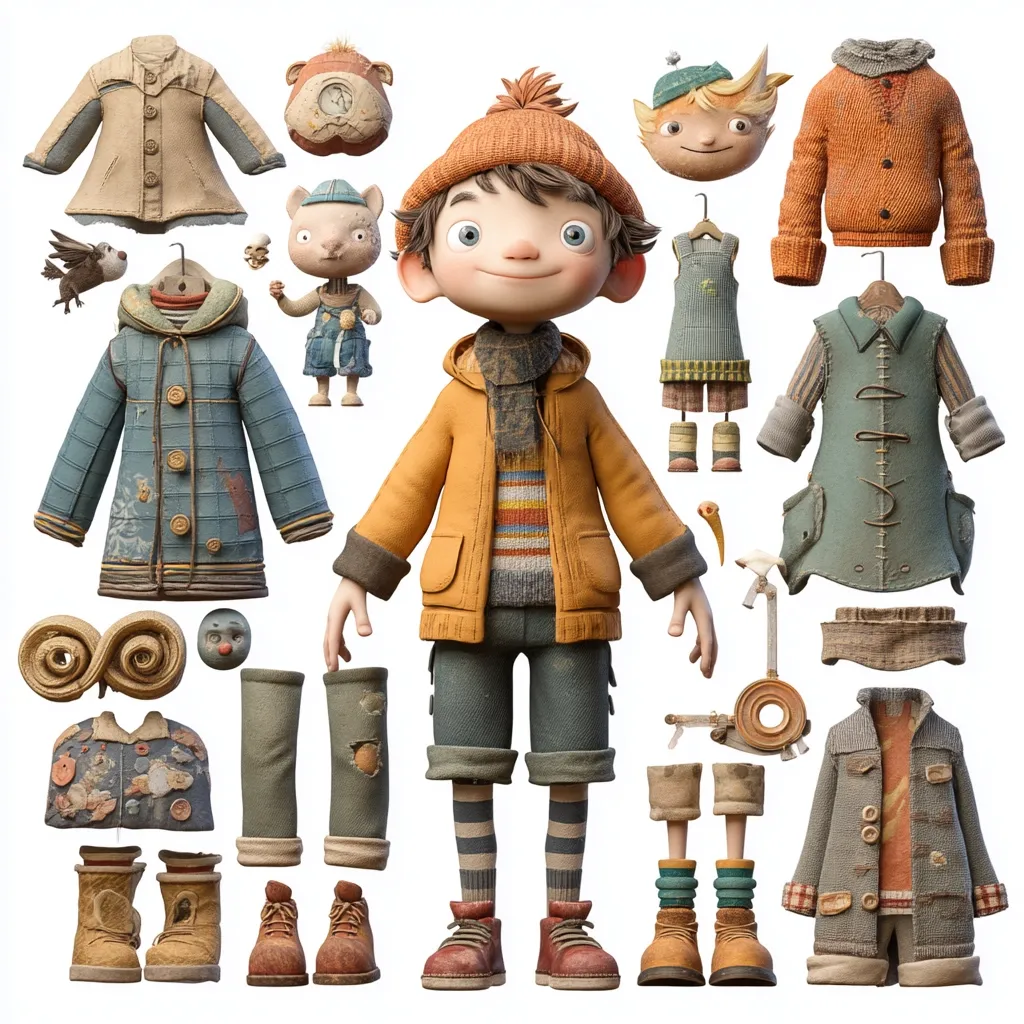 A cheerful, 3D-rendered boy character is presented with a disassembled wardrobe.  His outfit includes an orange jacket, striped sweater, and dark trousers.  Surrounding him are various clothing items, accessories, and small animal figures, all in a worn, whimsical style suggesting a handcrafted aesthetic.  The overall image evokes a sense of childlike charm and adventure.