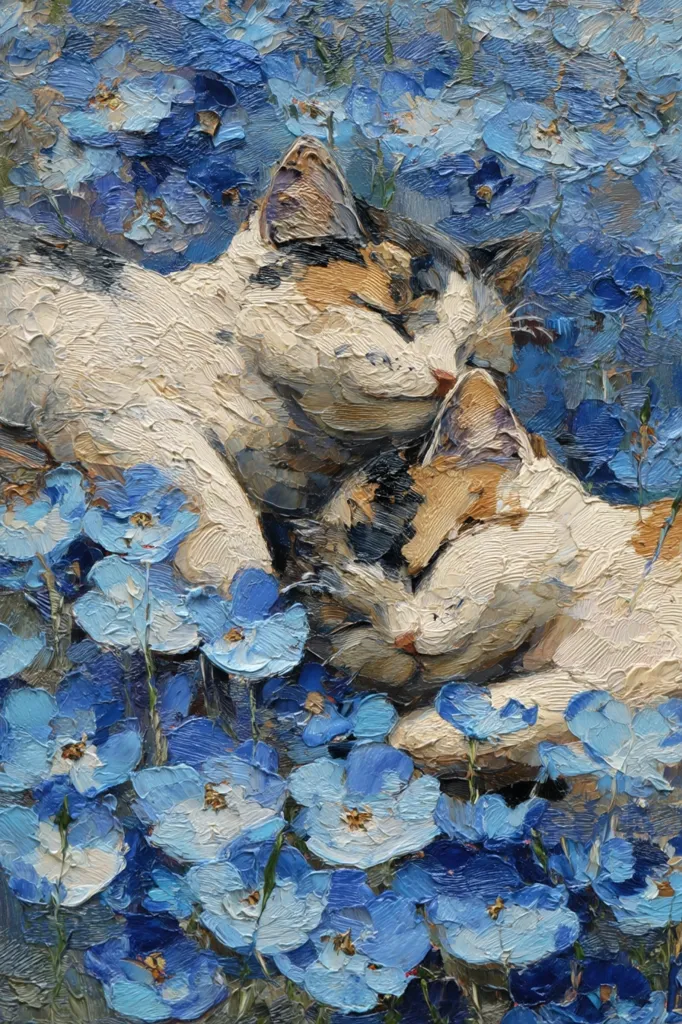 A vibrant oil painting depicts two calico cats nestled together amidst a field of blue flowers.  The cats, painted with thick, textured strokes, appear to be sleeping peacefully. The flowers, rendered with similar impasto technique, create a lush and colorful backdrop. The overall mood is serene and heartwarming.