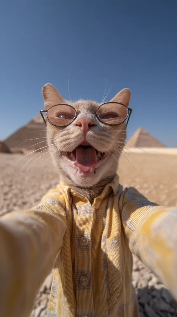 A light brown cat, wearing glasses and a yellow plaid shirt, takes a selfie in front of the pyramids.  The cat's mouth is open in a wide, joyful expression.  The setting is a sunny, desert landscape. The image is a close-up, from the cat's perspective.