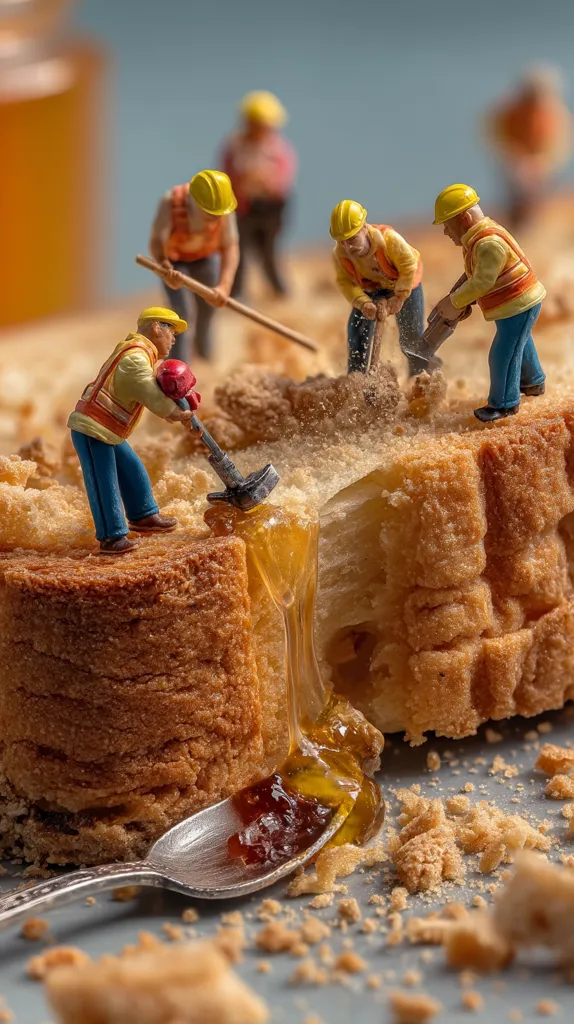 Miniature construction workers, wearing yellow hard hats and orange vests, are meticulously excavating a large piece of bread.  They use small tools to carefully dig, revealing a layer of golden honey flowing from the inside. Crumbs and a spoonful of jam are scattered around the scene, creating a whimsical, detailed tableau.