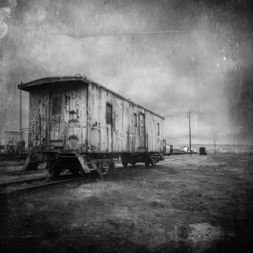 A weathered, monochrome image depicts an abandoned railway boxcar, its rusted metal surface hinting at years of disuse.  The car sits on a desolate track, stretching towards a distant, hazy horizon under a brooding sky.  The overall effect is one of loneliness and decay, evoking a sense of forgotten history and the passage of time.  Other distant rail cars are barely visible, emphasizing the isolation of the main subject.
