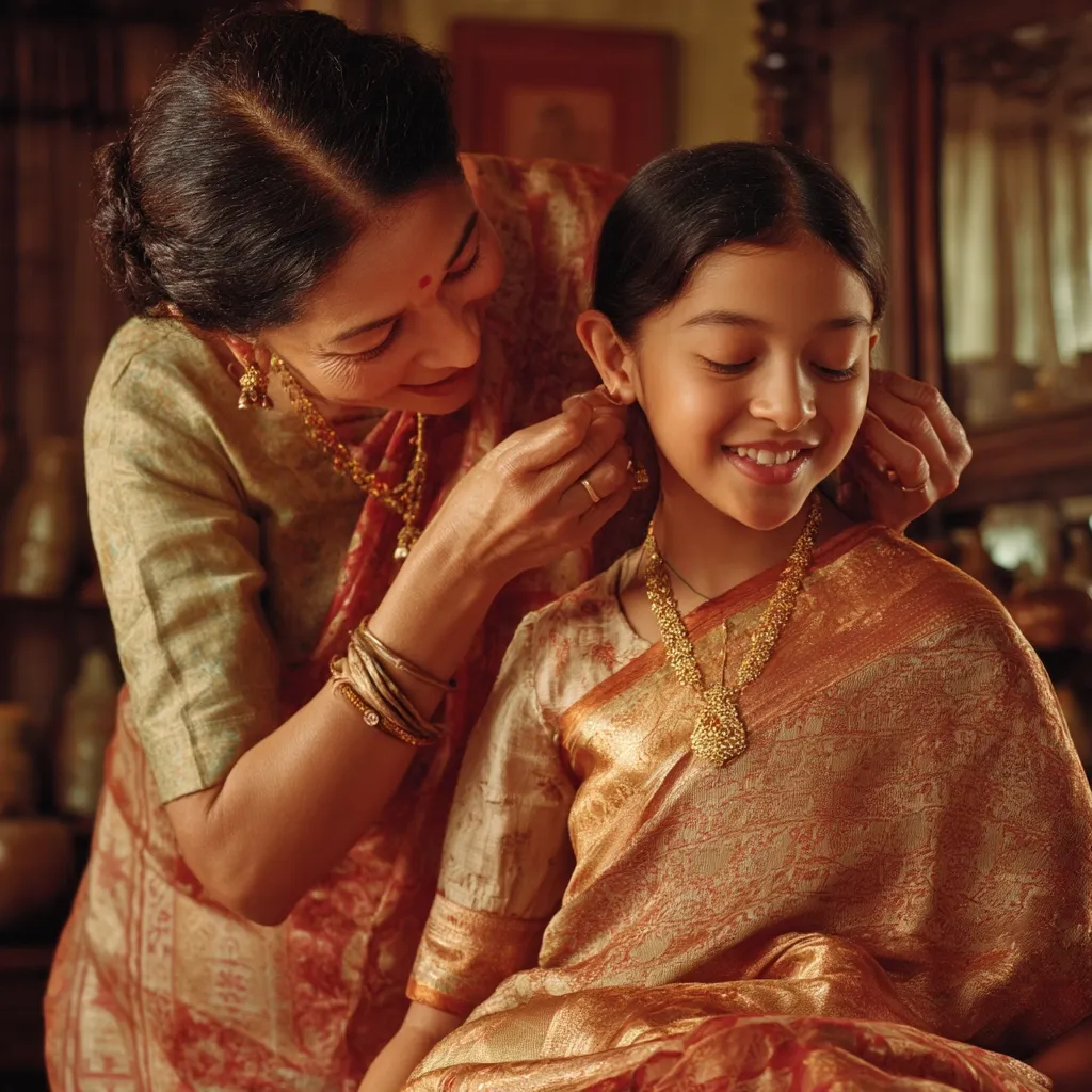 A grandmother lovingly adorns her granddaughter with gold earrings and necklace.  Both are dressed in beautiful, traditional Indian sarees in shades of gold and rust.  The warm lighting and intimate setting highlight the tender moment of intergenerational connection and cultural heritage.  The granddaughter smiles serenely as her grandmother carefully adjusts the jewelry.
