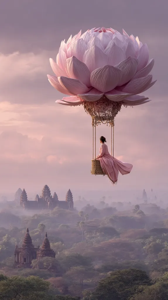 A serene woman in a pink gown sits in a hot air balloon shaped like a giant pink lotus flower.  The balloon floats gently above a misty landscape, revealing ancient temples nestled amongst lush greenery.  The scene evokes a sense of peace and tranquility, a magical journey over a historical site.  Soft, pastel colors dominate the image creating a dreamy atmosphere.
