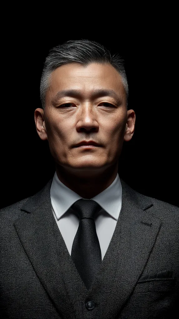 A close-up portrait of a man in a dark gray suit and black tie. He has short, graying hair combed back and a serious expression.  The image is sharply focused, with a dark background that emphasizes the man's features and attire, conveying a sense of power and authority. His gaze is direct, engaging the viewer.