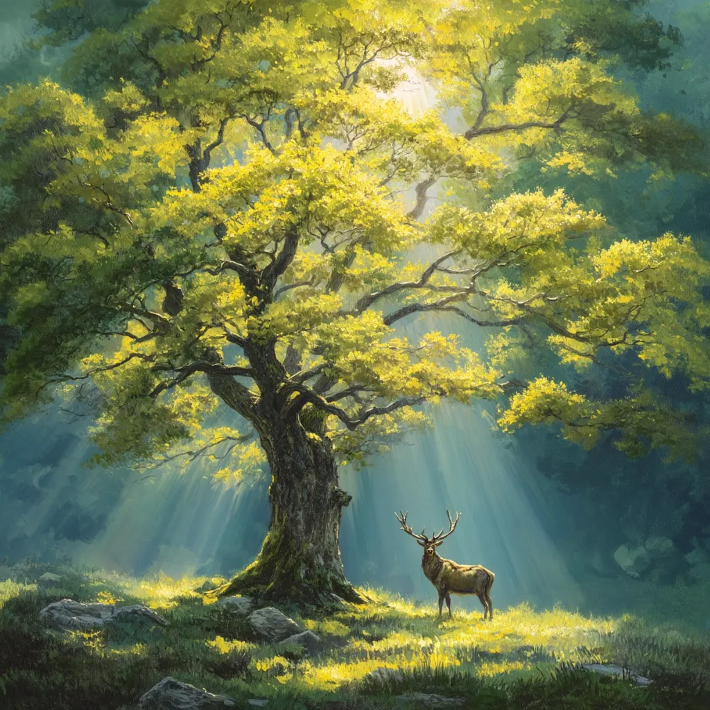 Sunbeams pierce a verdant forest, illuminating a majestic oak tree at its heart.  A solitary stag stands serenely beneath the tree's boughs, bathed in the golden light.  The scene evokes a sense of peace and tranquility, a magical moment in the natural world.  The artist's skillful use of light and shadow creates a breathtakingly beautiful and evocative landscape.