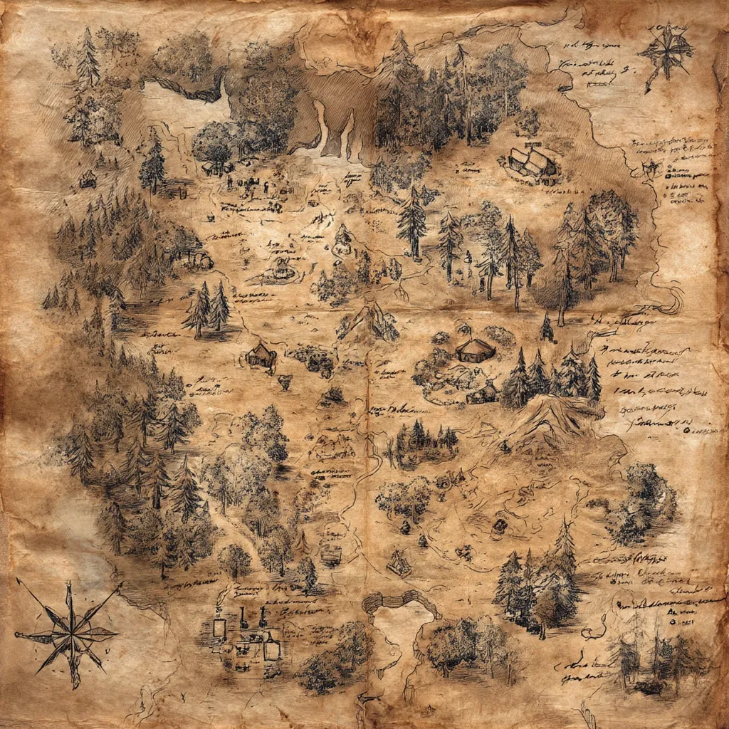 An antique-looking map depicts a wooded region with several small settlements, indicated by simple sketches of houses and structures.  The style is reminiscent of a hand-drawn treasure map, featuring a compass rose, flowing water bodies, and numerous trees meticulously detailed in sepia ink on aged parchment.  Descriptive text, possibly place names or notes, is scattered across the map, adding to its aged and mysterious aura.