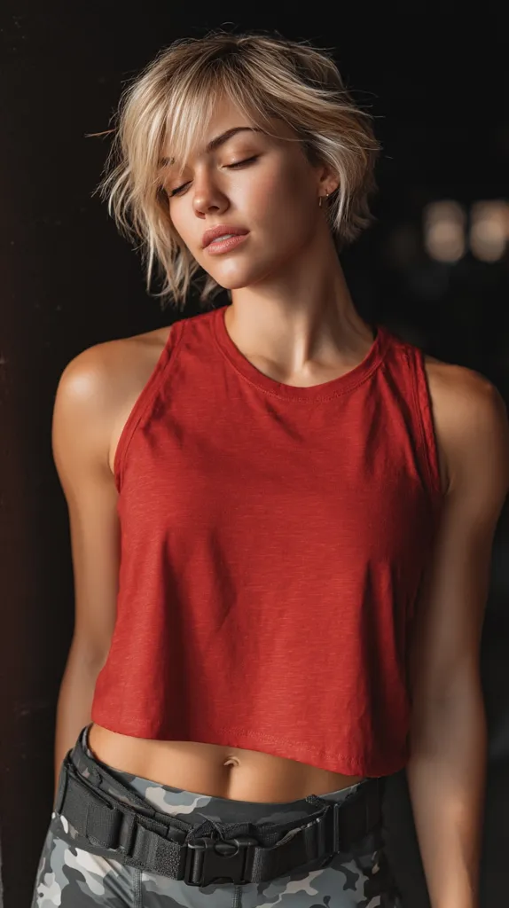 A young woman with short, blonde, wavy hair, eyes closed, wears a cropped red tank top and camouflage leggings with a tactical belt.  She has a relaxed and serene expression. The background is dark and out of focus, emphasizing the model.  The overall image is stylish and subtly sensual.