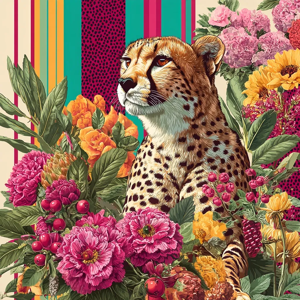 A cheetah, depicted in realistic detail, sits serenely amidst a vibrant profusion of flowers.  The artwork features bold, saturated colors and a striking contrast between the cheetah's spotted fur and the rich hues of peonies, roses, sunflowers, and other blossoms.  A background of vertical stripes adds to the piece's dynamic and artistic energy.