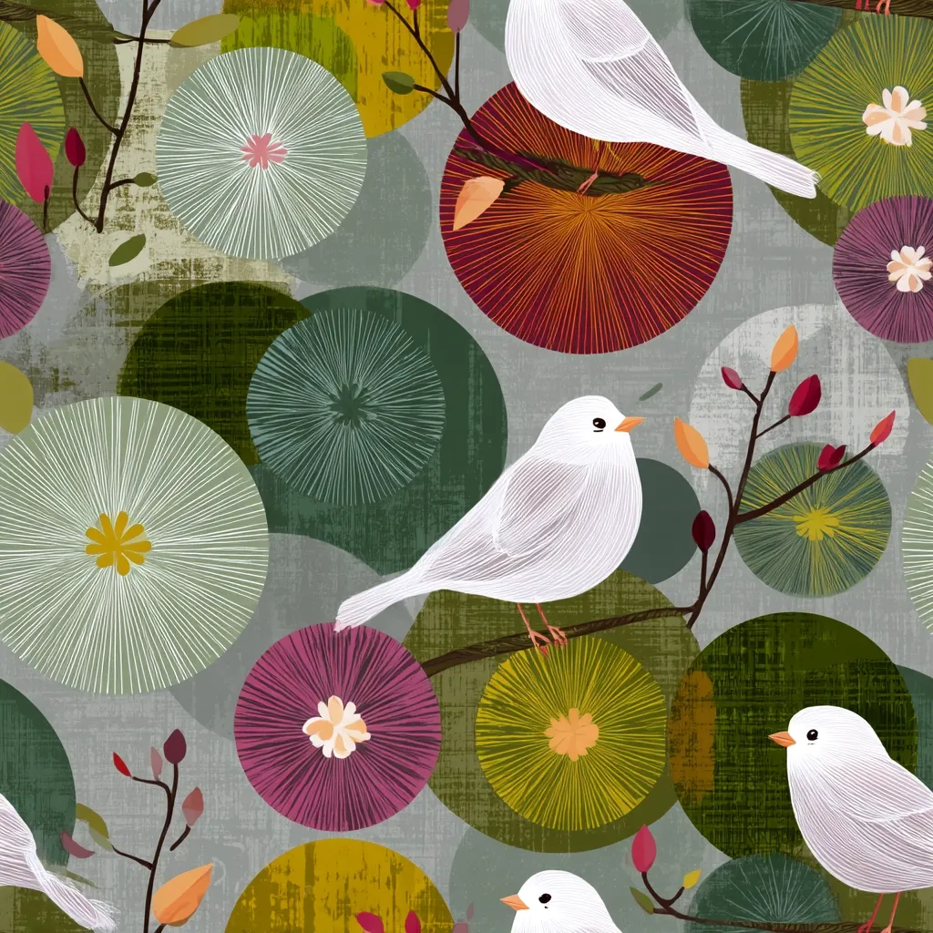 A stylized illustration features three white birds perched on branches amidst a vibrant array of circular floral patterns.  The circles boast diverse colors and textures, ranging from deep greens and purples to warm oranges and yellows.  The overall aesthetic is a blend of modern art and nature, with a textured, slightly grunge background adding depth.  The birds are depicted with simple lines, creating a charming and elegant design.