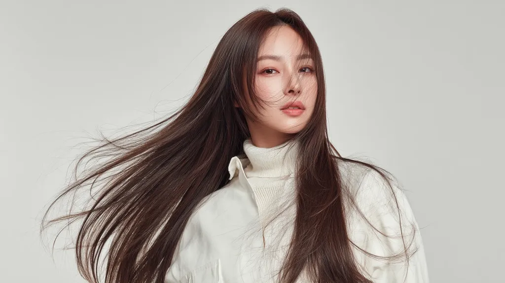 A young woman with long, flowing dark brown hair is shown in a close-up shot against a light gray background.  She's wearing a white turtleneck sweater under a loose, white collared shirt.  Her hair is slightly tousled, giving a sense of movement. Her expression is calm and her gaze is directed slightly to her right. The overall aesthetic is clean, elegant and modern.